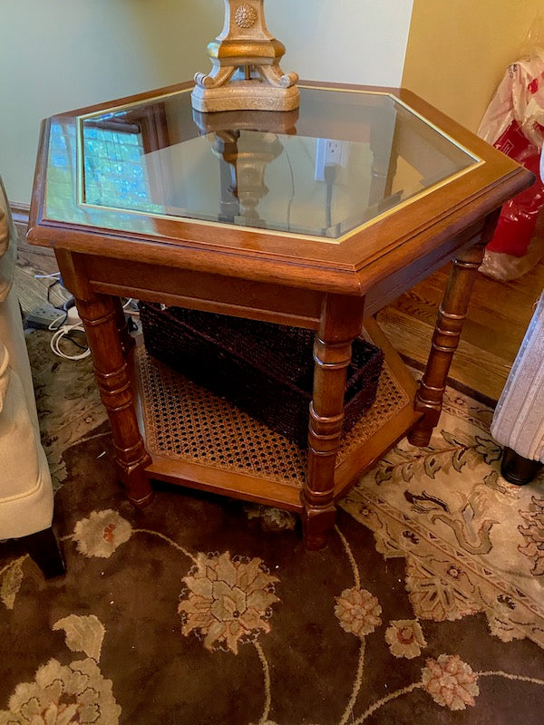 Glass Top, Cane Base Hexagon Shaped Side Table