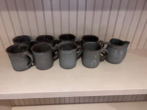8 Ceramic Pottery Mugs + Creamer