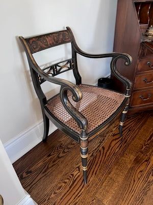 Regency Style Black Hand Painted Armchair with Cane Seat