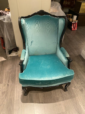 Vintage "Martin Daniel Interiors" Light Blue Velvet Wingback Chair