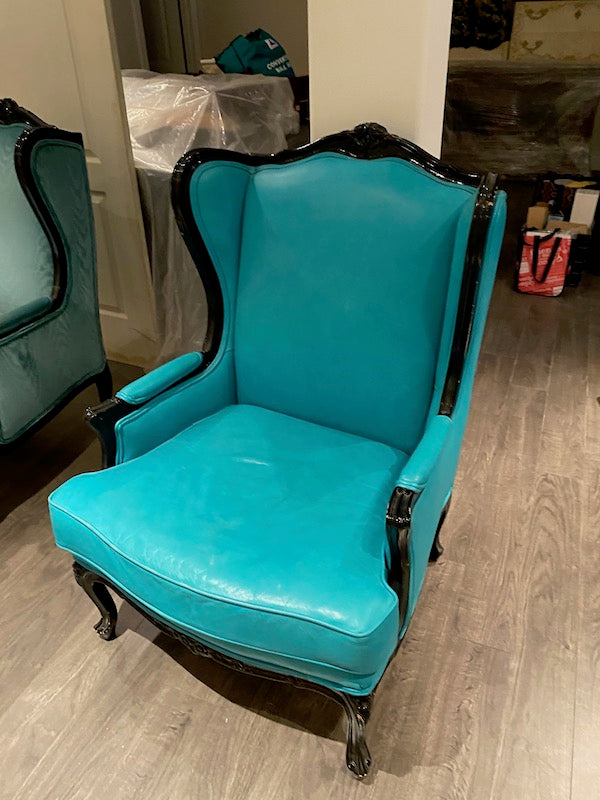 Vintage "Martin Daniel Interiors" Light Blue Leather Wingback Chair