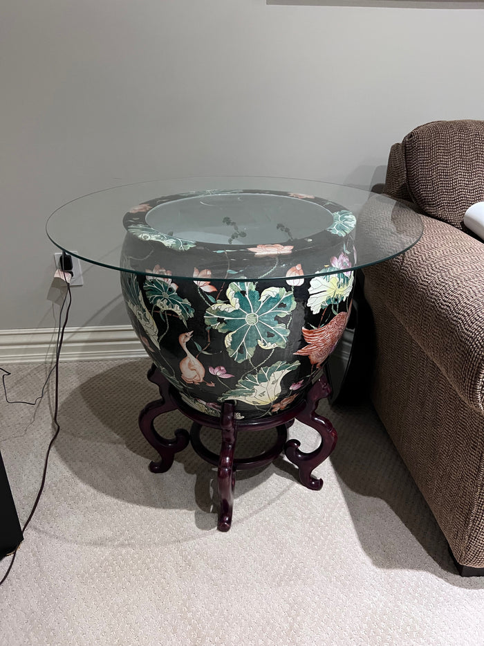 Hand Painted Chinoiserie Oriental Vase, Glass Top Table