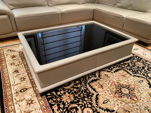 Beige Leather Coffee Table, Glass Top