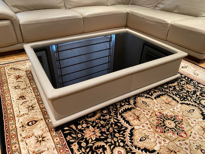 Beige Leather Coffee Table, Glass Top