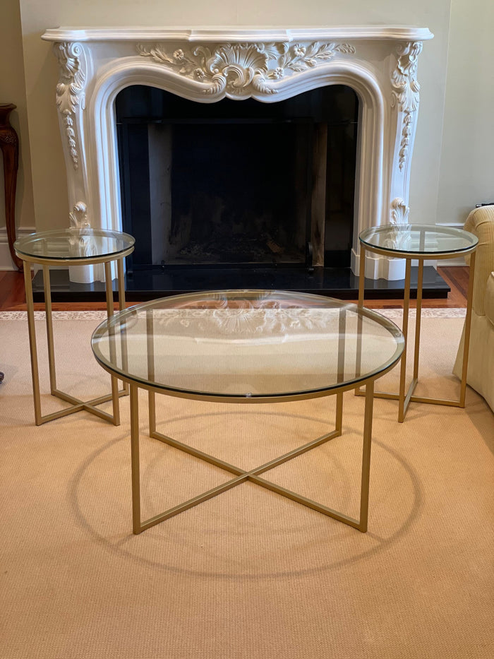 Round Glass Coffee Table + 2 Matching Side Tables, Gold Metal Base