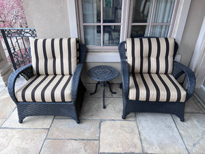 2 Outdoor Patio Club Chairs (Sunbrella Cushions) + Cast Aluminum Side Table