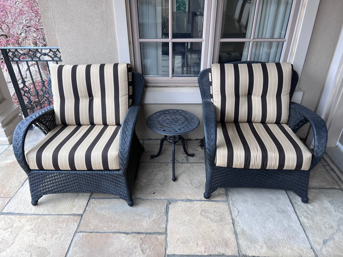 2 Outdoor Patio Club Chairs (Sunbrella Cushions) + Cast Aluminum Side Table