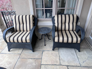 2 Outdoor Patio Club Chairs (Sunbrella Cushions) + Cast Aluminum Side Table