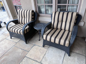 2 Outdoor Patio Club Chairs (Sunbrella Cushions) + Cast Aluminum Side Table