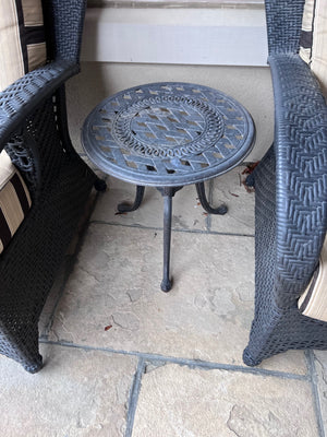 2 Outdoor Patio Club Chairs (Sunbrella Cushions) + Cast Aluminum Side Table