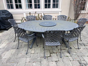 Hauser Cast Aluminum Basketweave Patio Table + 8 'Manor' Dining Chairs (Retail $8000)