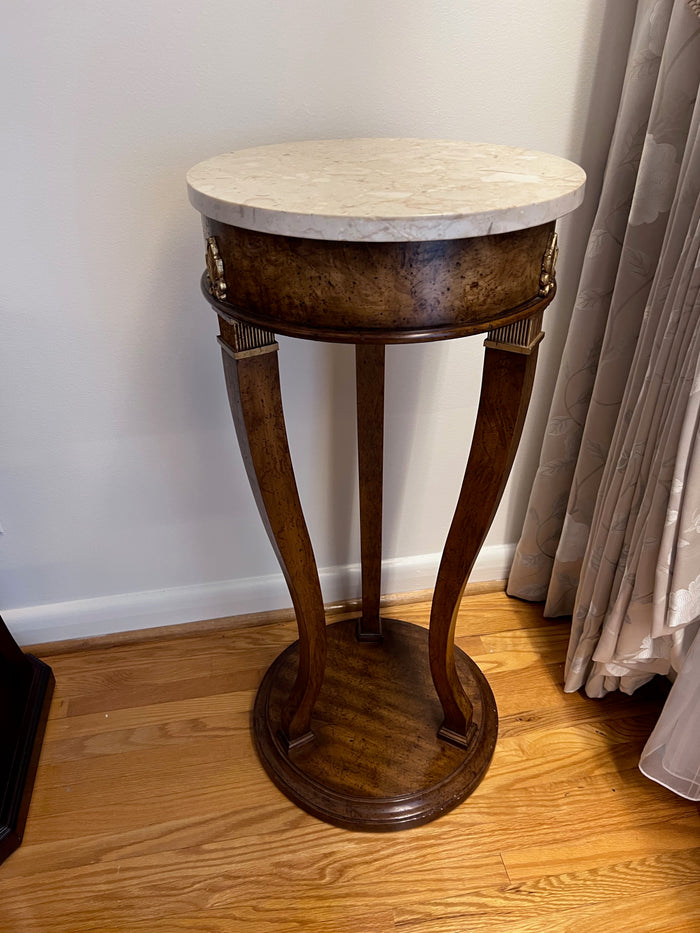 Marble Top Burled Wood Pedestal Table