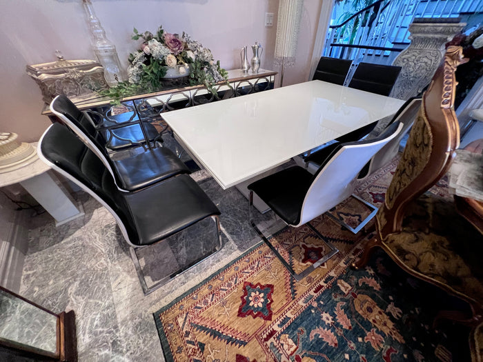 Italian Designer Glass Dining Table + 6 Matching Black Leather Chairs