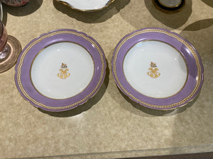 2 "Boyer Rue dela Paix Paris" Porcelain Monogram, Armorial Crest, Scalloped Lavender Border