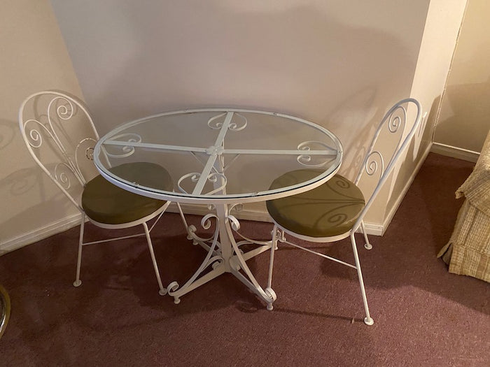 White Metal & Glass Bistro Table + 2 Chairs
