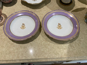 2 "Boyer Rue dela Paix Paris" Porcelain Monogram, Armorial Crest, Scalloped Lavender Border