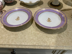 2 "Boyer Rue dela Paix Paris" Porcelain Monogram, Armorial Crest, Scalloped Lavender Border