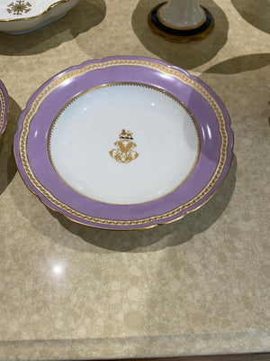 2 "Boyer Rue dela Paix Paris" Porcelain Monogram, Armorial Crest, Scalloped Lavender Border