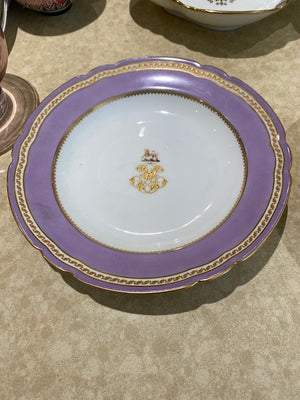 2 "Boyer Rue dela Paix Paris" Porcelain Monogram, Armorial Crest, Scalloped Lavender Border