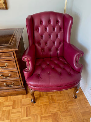 2 Red Leather Wingback Chairs + 1 Ottoman