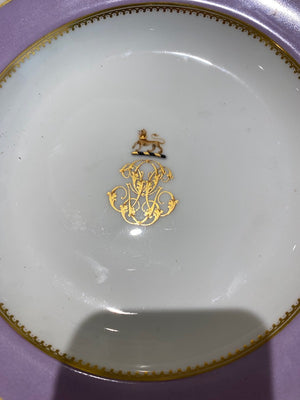 2 "Boyer Rue dela Paix Paris" Porcelain Monogram, Armorial Crest, Scalloped Lavender Border
