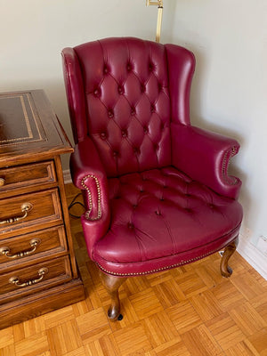 2 Red Leather Wingback Chairs + 1 Ottoman