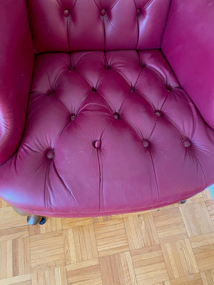 2 Red Leather Wingback Chairs + 1 Ottoman