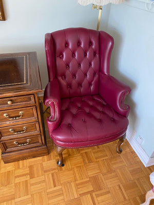 2 Red Leather Wingback Chairs + 1 Ottoman