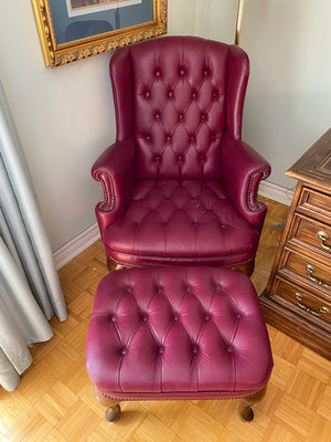 2 Red Leather Wingback Chairs + 1 Ottoman