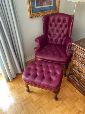 2 Red Leather Wingback Chairs + 1 Ottoman