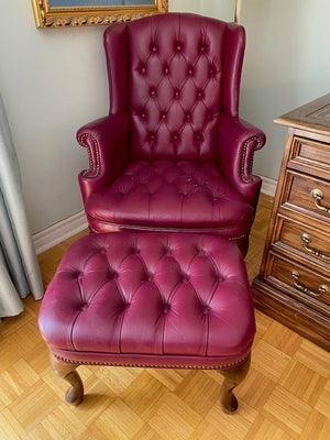 2 Red Leather Wingback Chairs + 1 Ottoman