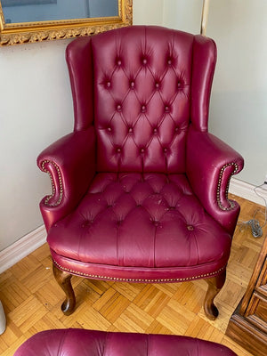 2 Red Leather Wingback Chairs + 1 Ottoman