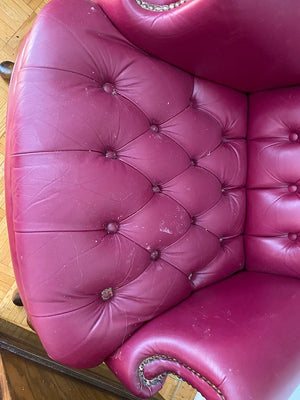 2 Red Leather Wingback Chairs + 1 Ottoman