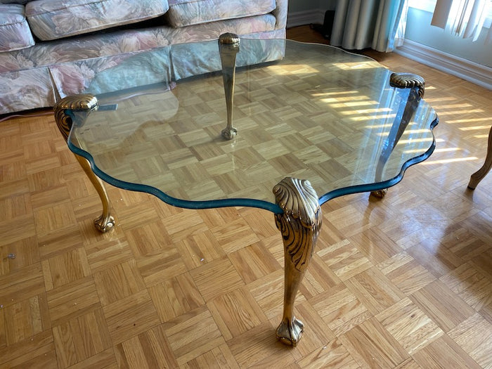 Round Glass Coffee Table, Scalloped Edges and Gold Legs
