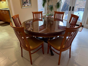 Wood Round Dining Table with Gold Accents, Glass Protective Top + 6 Chairs