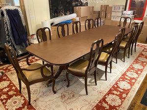 Beautiful Double Pedestal Dining Table + 12 Custom Made Wood/Leather Dining Chairs