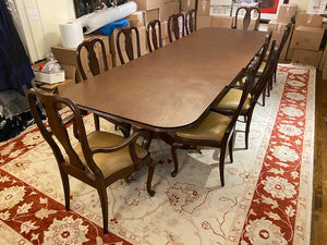 Beautiful Double Pedestal Dining Table + 12 Custom Made Wood/Leather Dining Chairs