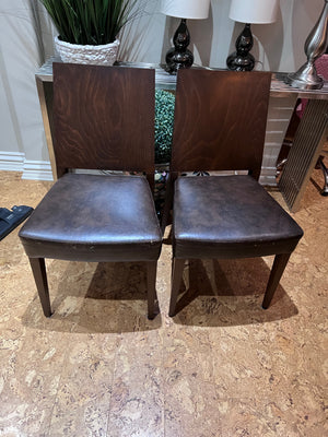 2 Brown Faux Leather & Wood Chairs (*condition)