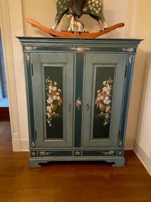 Blue Painted Wood Armoire, Floral Design