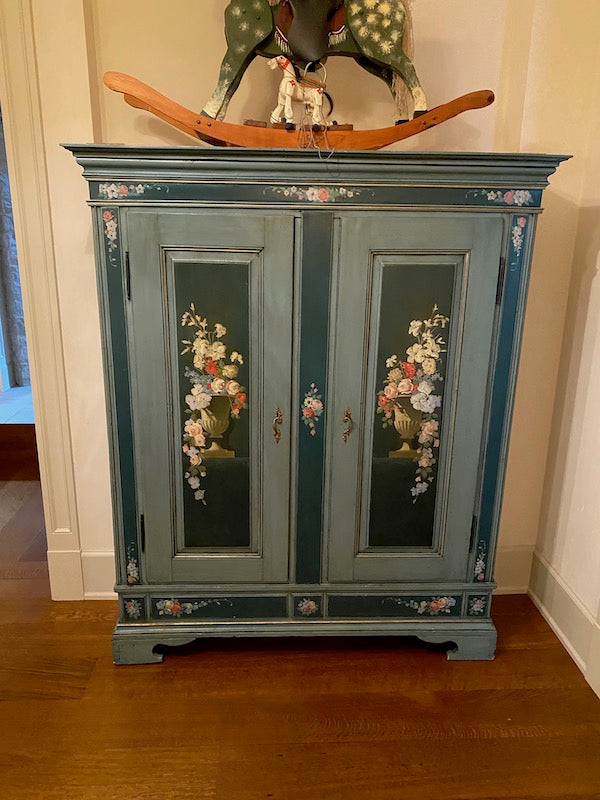 Blue Painted Wood Armoire, Floral Design