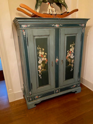 Blue Painted Wood Armoire, Floral Design