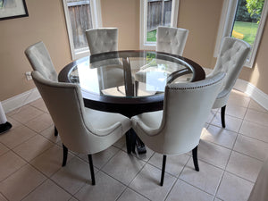 Round Glass Dining Table + 6 White Leather Chairs