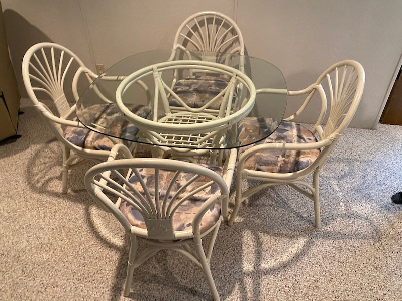Bamboo Style White Glass Top Table + 4 Chairs