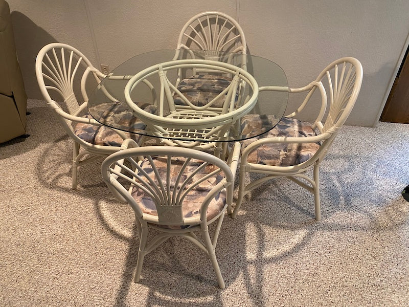 Bamboo Style White Glass Top Table + 4 Chairs