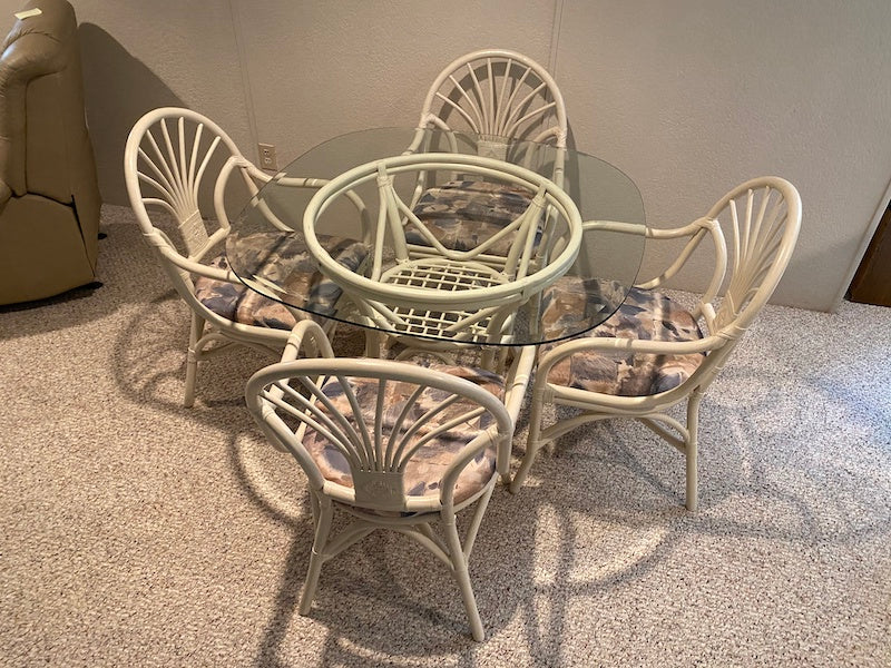 Bamboo Style White Glass Top Table + 4 Chairs