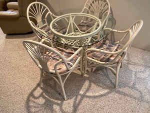 Bamboo Style White Glass Top Table + 4 Chairs