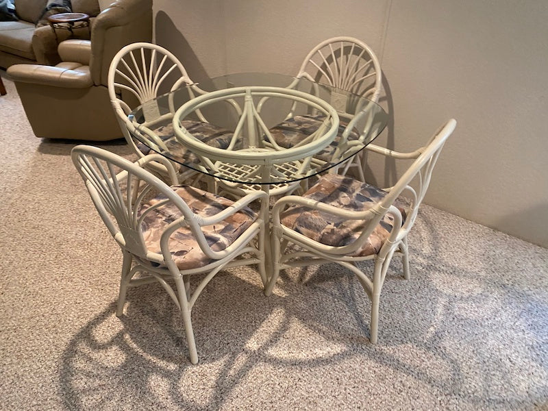 Bamboo Style White Glass Top Table + 4 Chairs