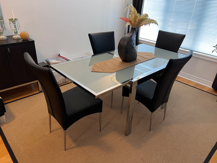 Modern Glass Dining Table, Chrome Frame + 4 Black Leather Chairs