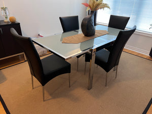Modern Glass Dining Table, Chrome Frame + 4 Black Leather Chairs
