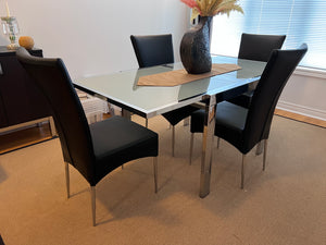 Modern Glass Dining Table, Chrome Frame + 4 Black Leather Chairs